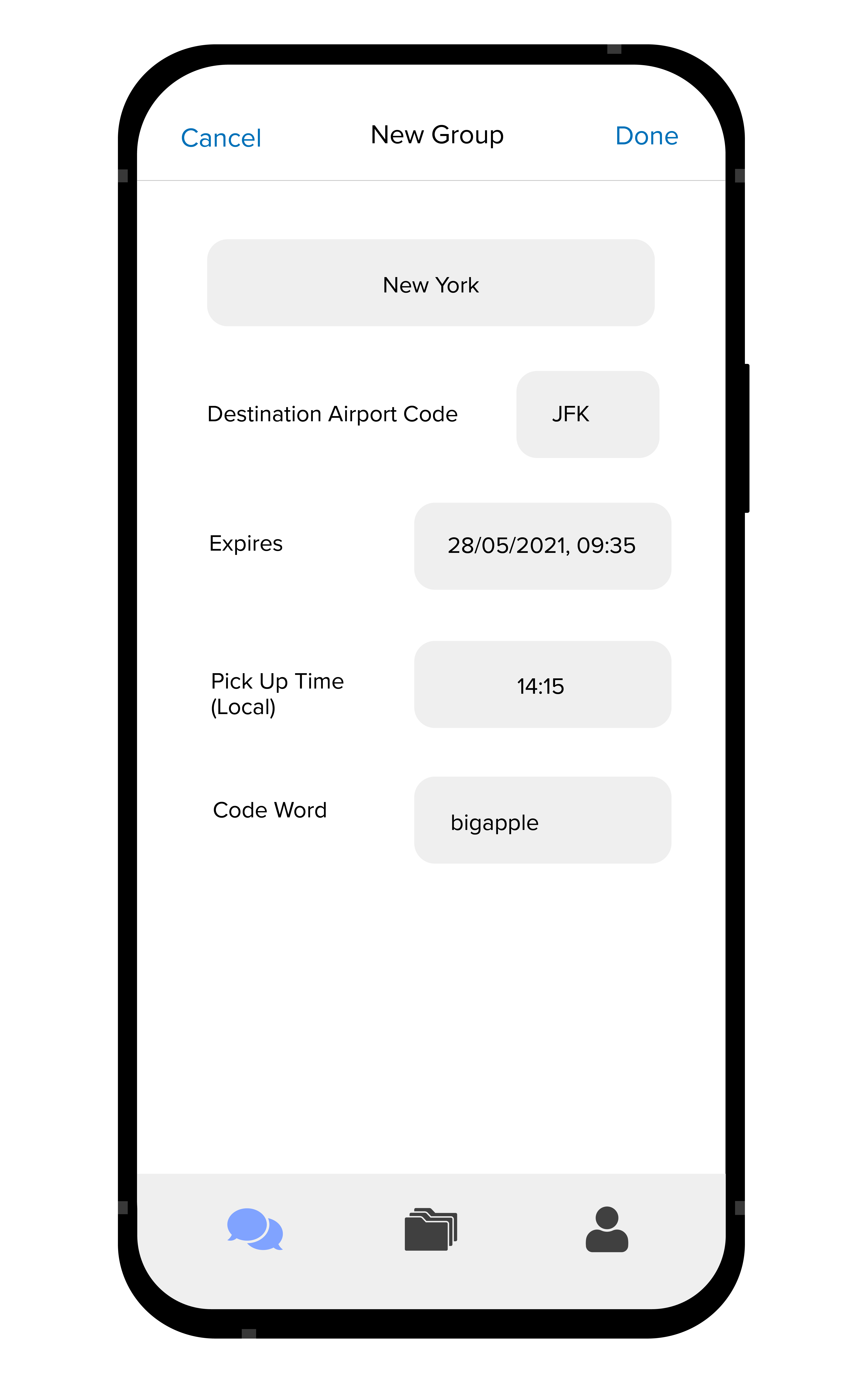 DownRoute group setup with destination, pick-up time and a shared code word